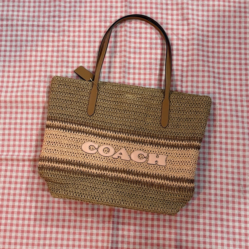 Coach Woven Straw Tote in Brown and Pink